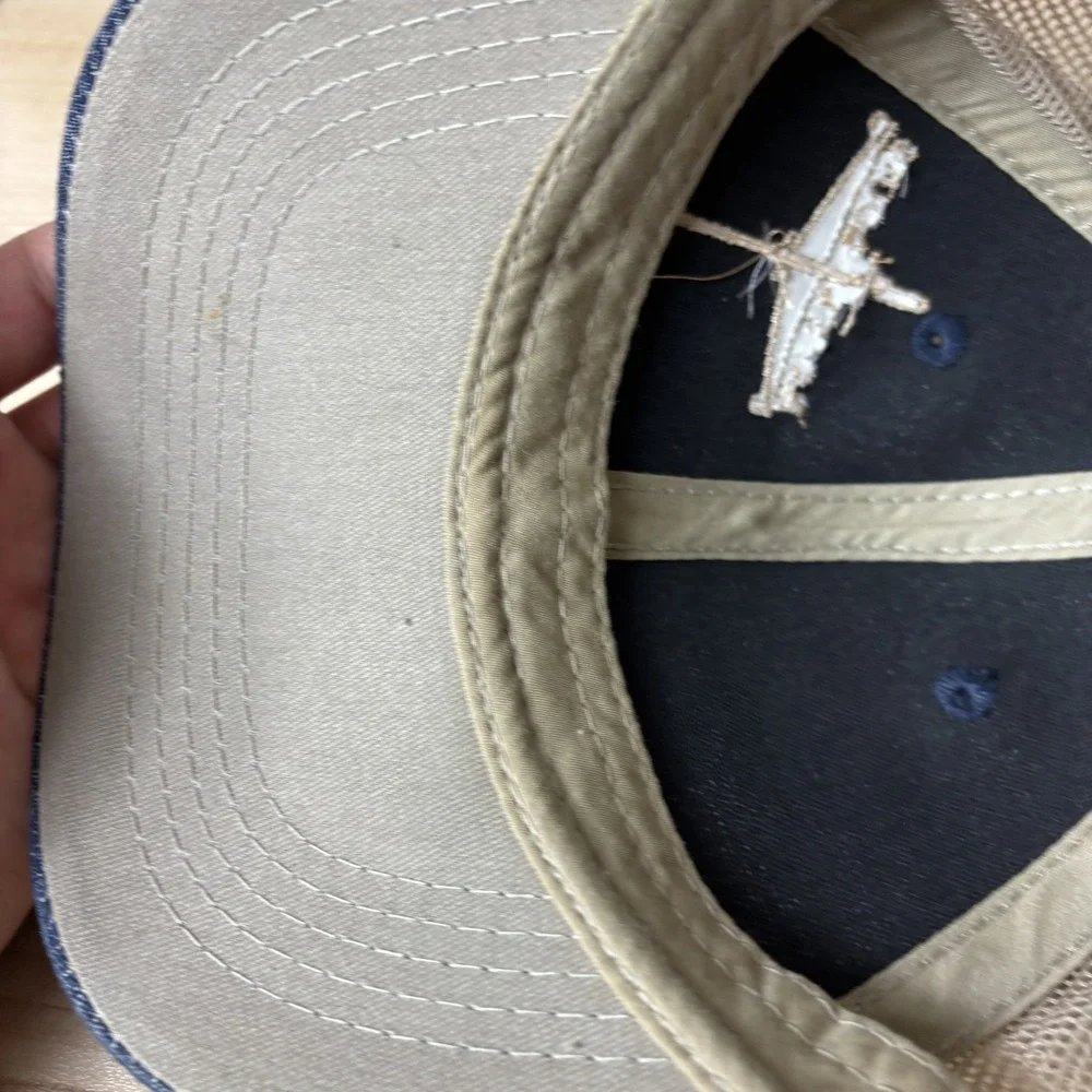 Bay St Louis Hat Cap Snap Back Blue Denim Tan Mesh Trucker Embroidered Mens